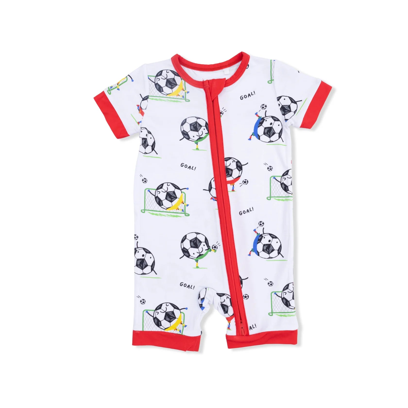 Soccer Balls Shortie 2-Way Zipper Romper - Red