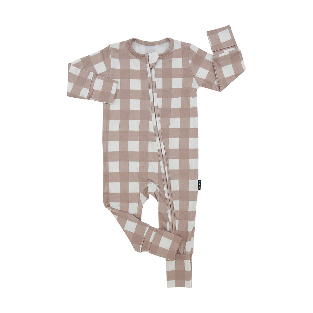 Footless Sleeper with Fold Over Cuffs - Taupe Plaid