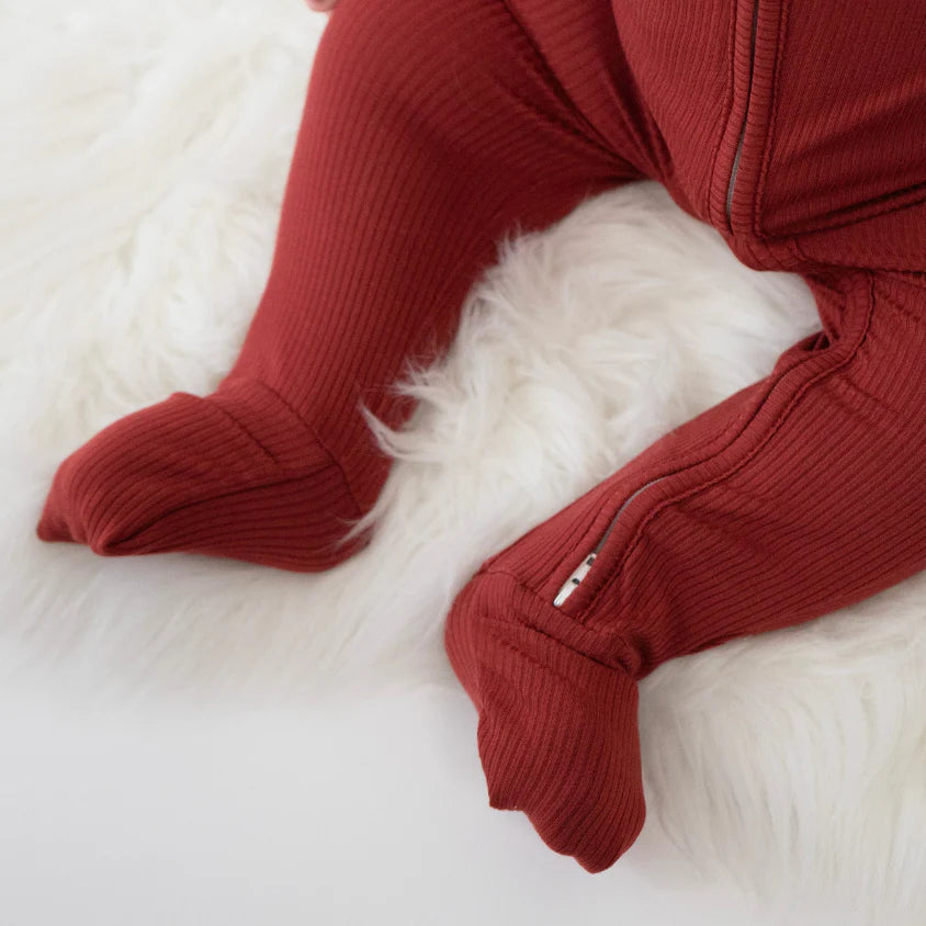 Footless Ribbed Sleeper with Fold Over Cuffs - Burgundy