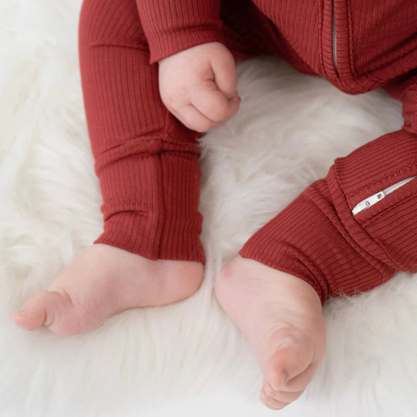 Footless Ribbed Sleeper with Fold Over Cuffs - Burgundy