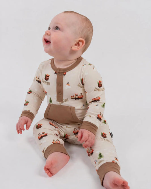 L/S Pocket Romper - Christmas Train