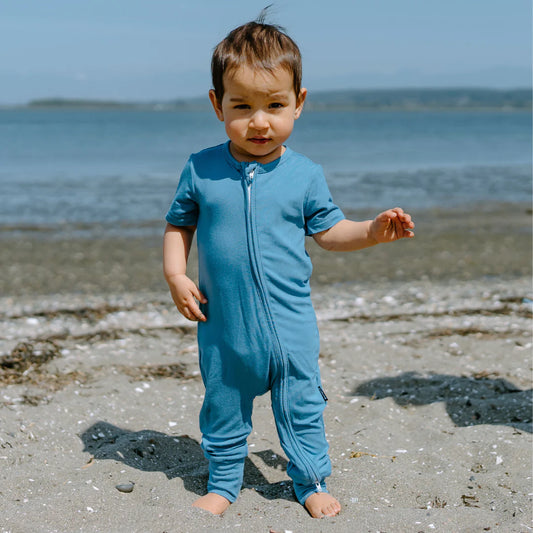 Short Sleeve Zipper Romper - Marine Blue