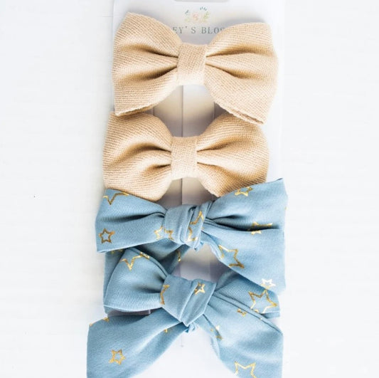 Tan, Blue + Gold Stars Bow Set